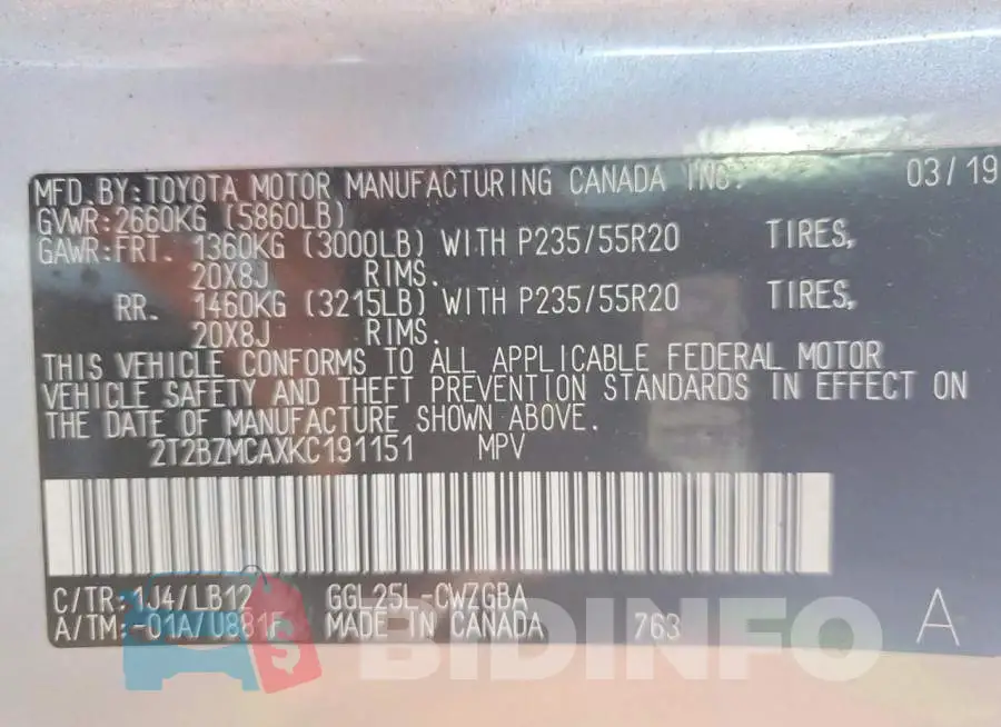 2T2BZMCAXKC191151 Photo# 12