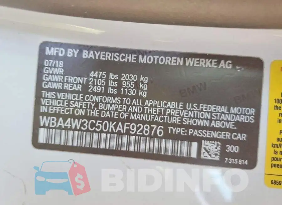 WBA4W3C50KAF92876 Photo# 12