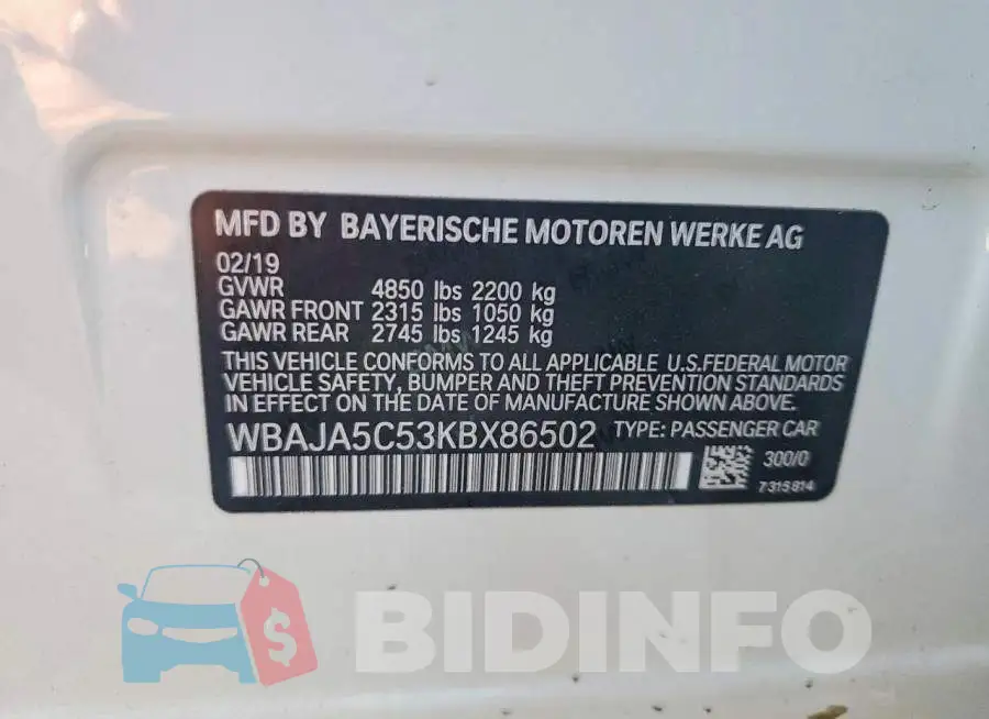 WBAJA5C53KBX86502 Photo# 12