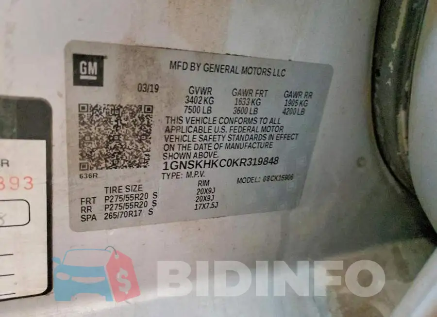 1GNSKHKC0KR319848 Photo# 13