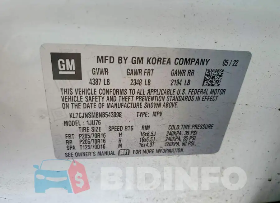 KL7CJNSM8NB543998 Photo# 14