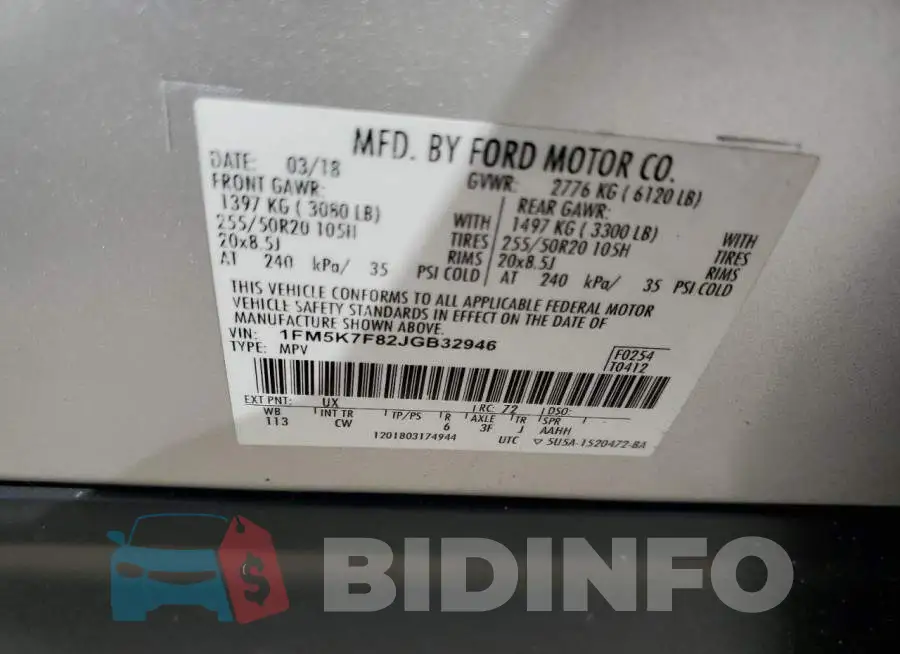 1FM5K7F82JGB32946 Photo# 14