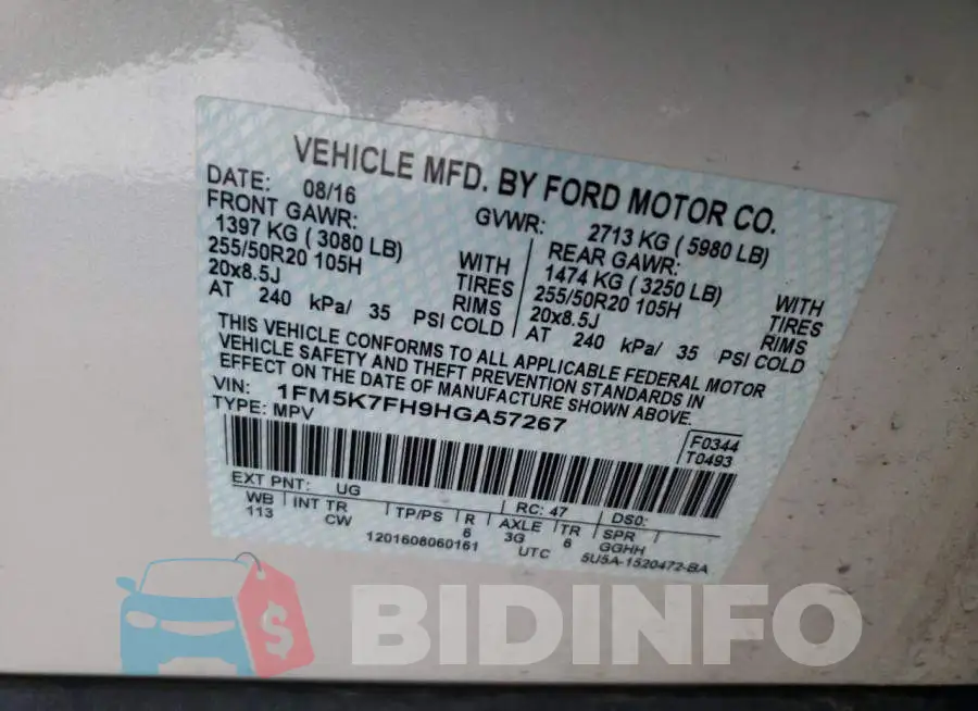 1FM5K7FH9HGA57267 Photo# 13