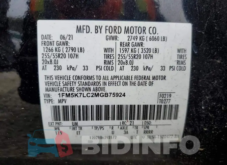 1FM5K7LC2MGB75924 Photo# 13