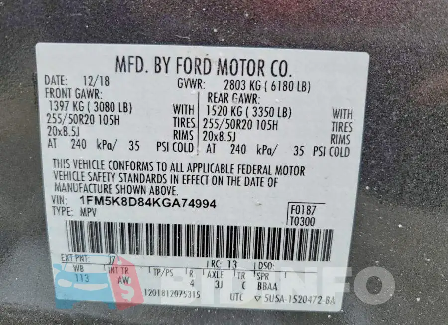 1FM5K8D84KGA74994 Photo# 13