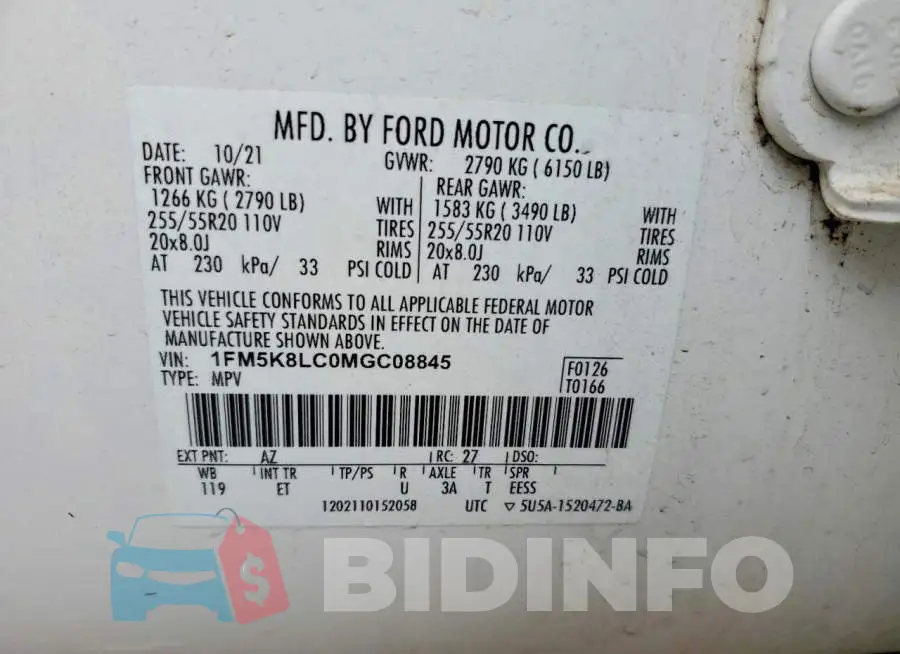1FM5K8LC0MGC08845 Photo# 13