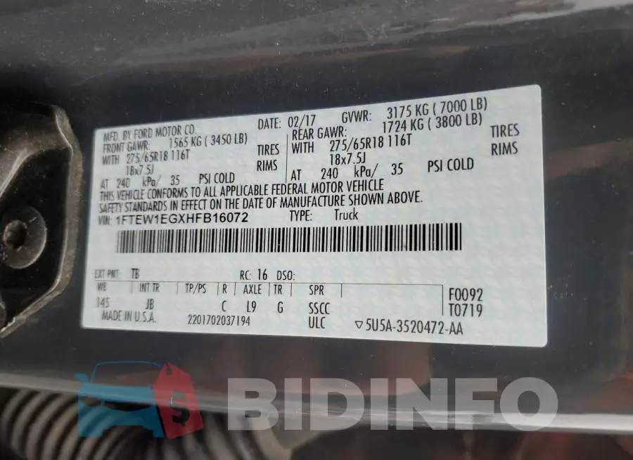 1FTEW1EGXHFB16072 Photo# 12