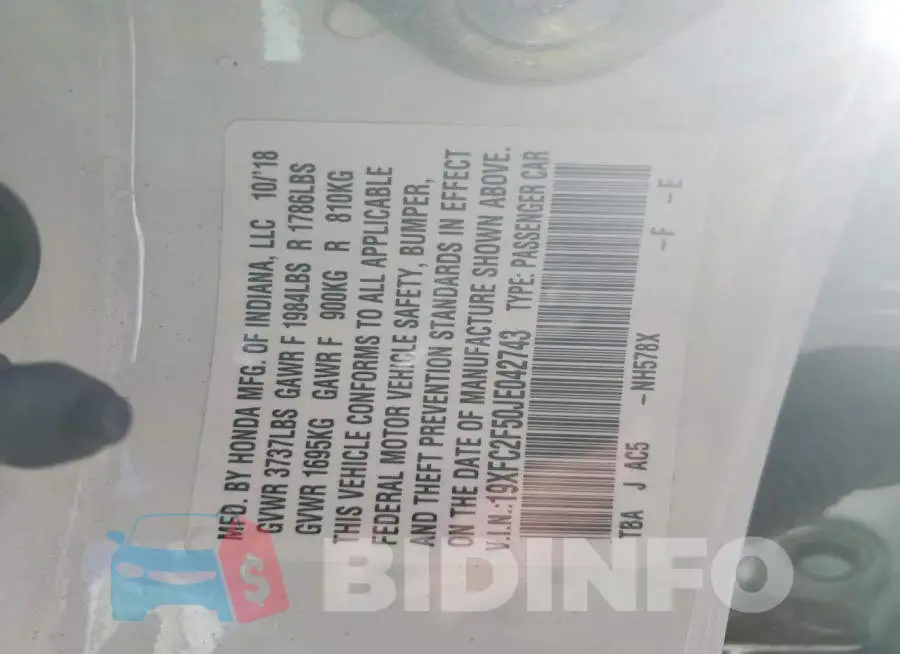 19XFC2F50JE042743 Photo# 12
