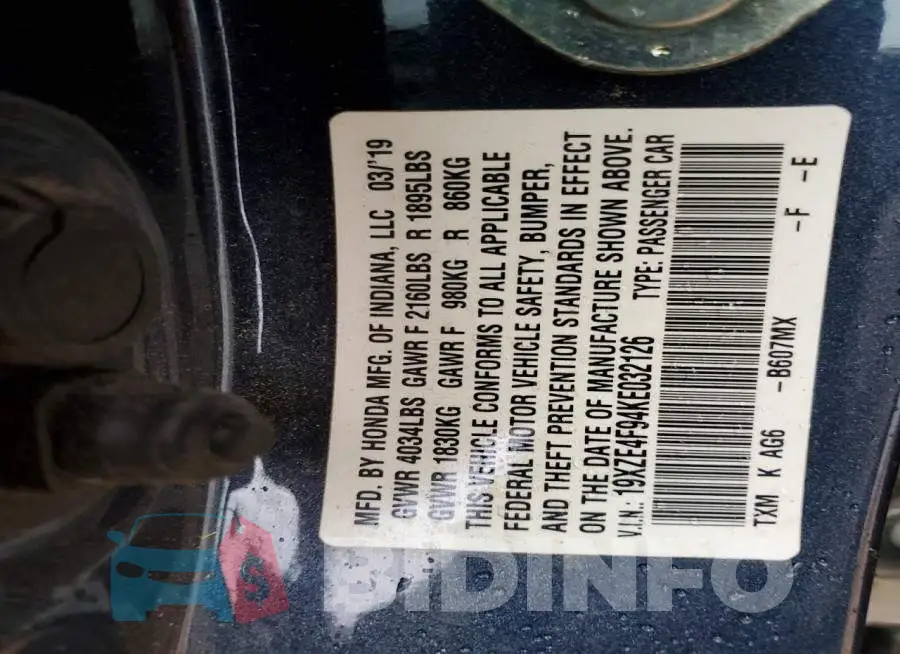 19XZE4F94KE032126 Photo# 12