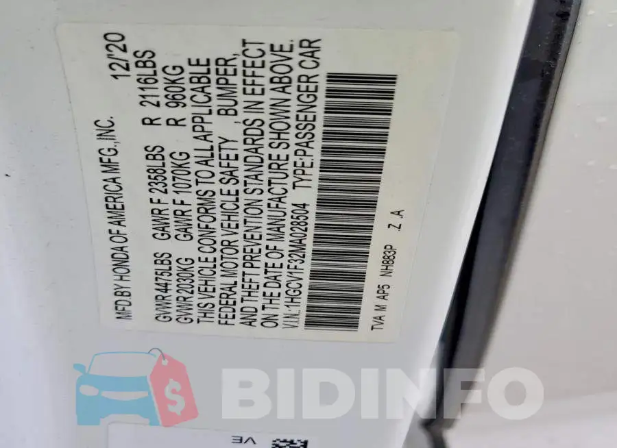 1HGCV1F32MA028504 Photo# 12