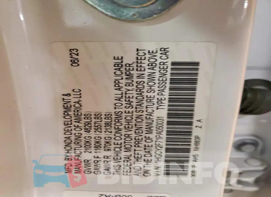 1HGCY2F71PA050031 Photo# 13