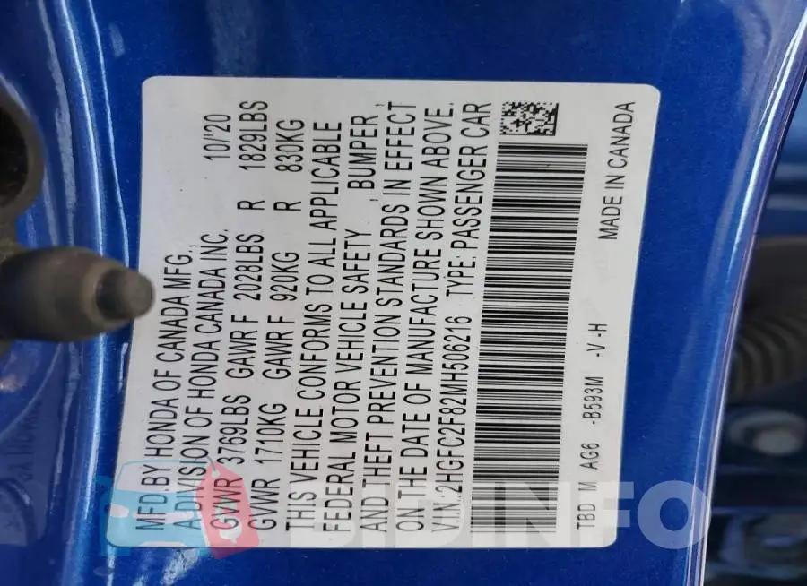 2HGFC2F82MH506216 Photo# 12