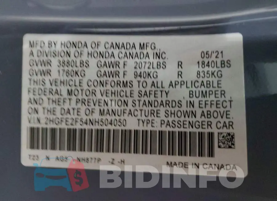2HGFE2F54NH504050 Photo# 12