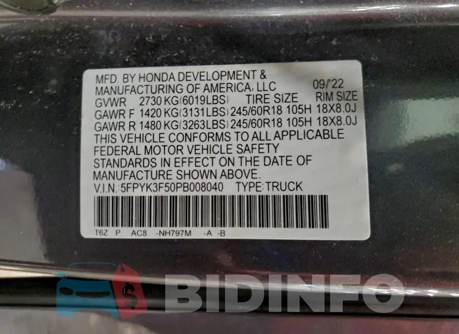 5FPYK3F50PB008040 Photo# 13