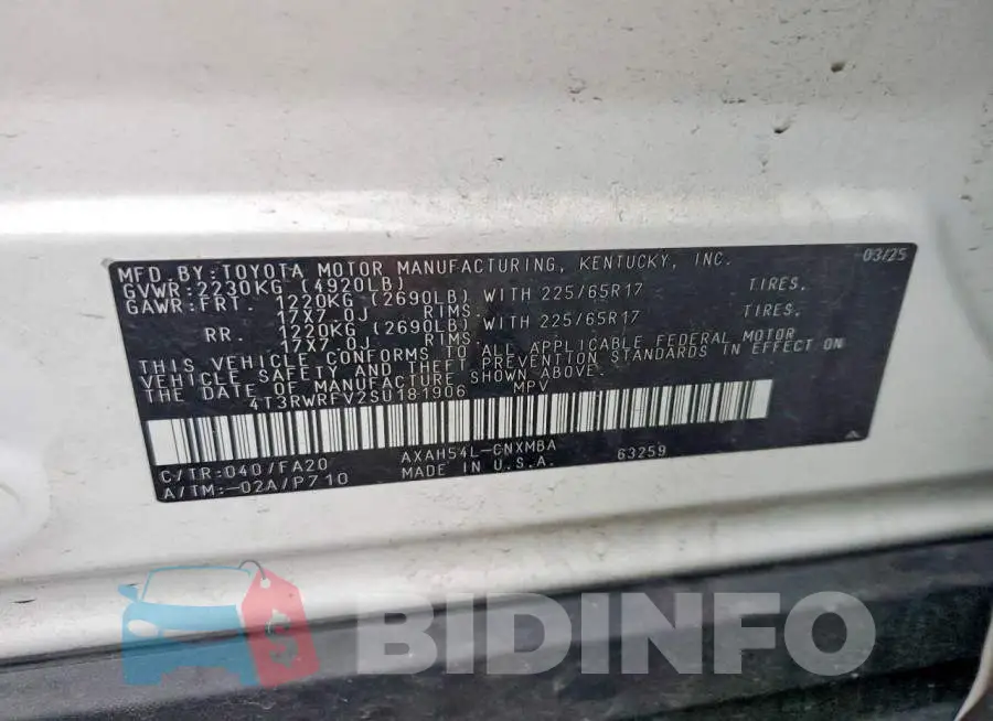 4T3RWRFV2SU181906 Photo# 12