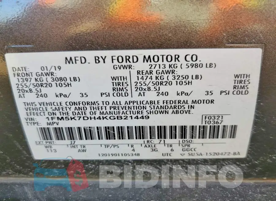 1FM5K7DH4KGB21449 Photo# 13
