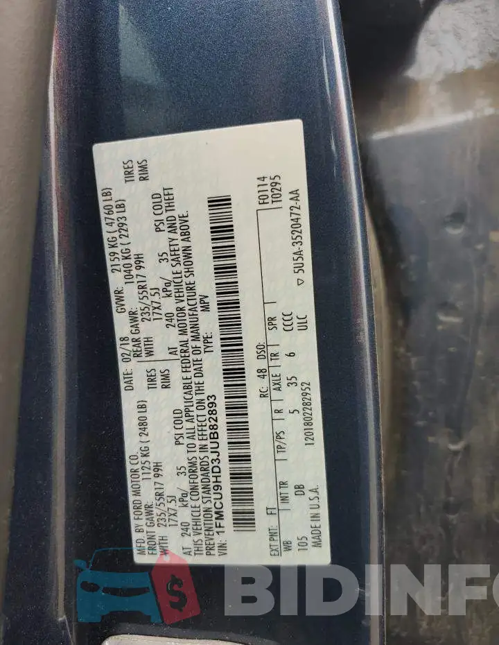 1FMCU9HD3JUB82893 Photo# 13