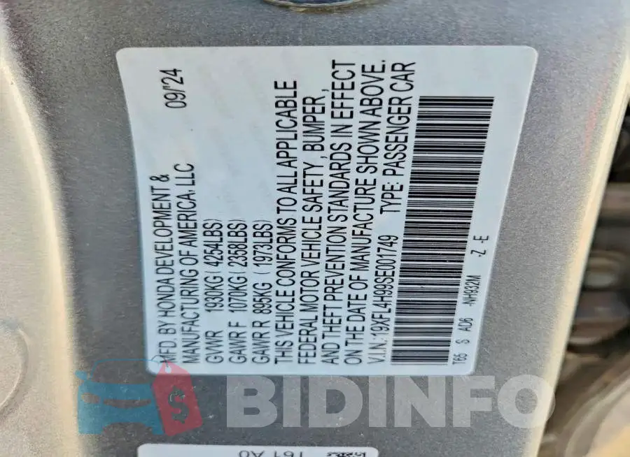 19XFL4H99SE001749 Photo# 13