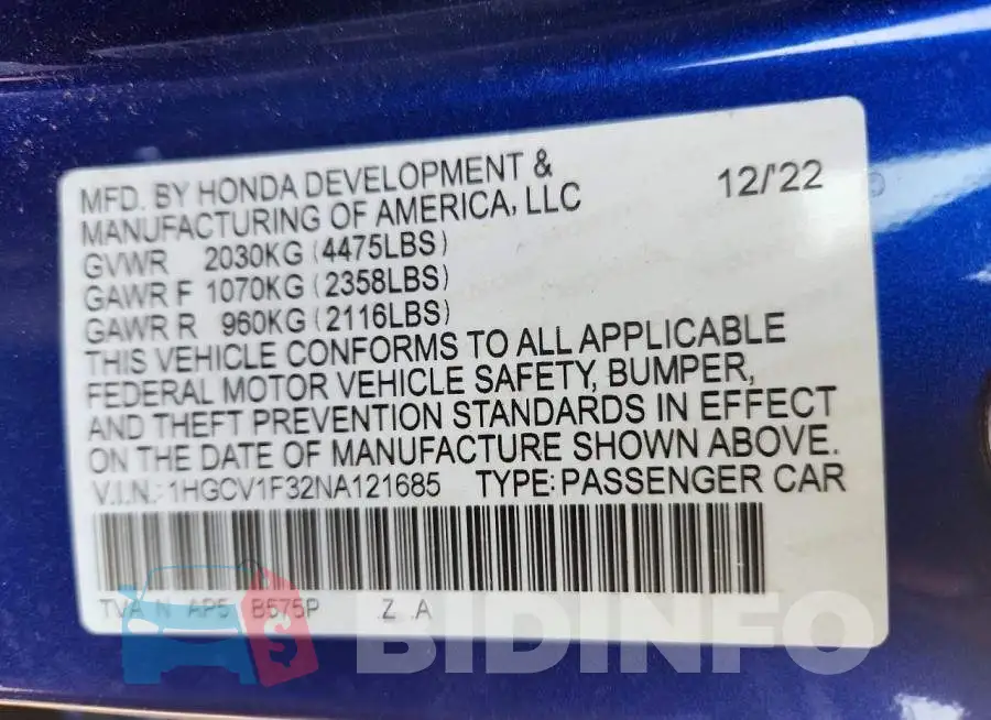 1HGCV1F32NA121685 Photo# 13