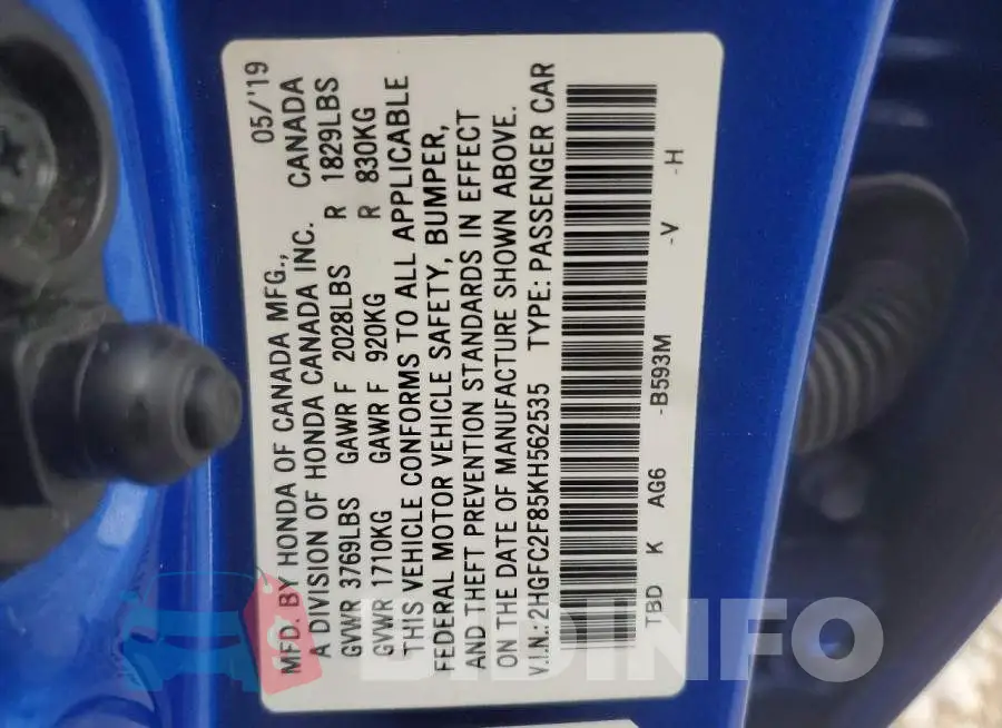2HGFC2F85KH562535 Photo# 13
