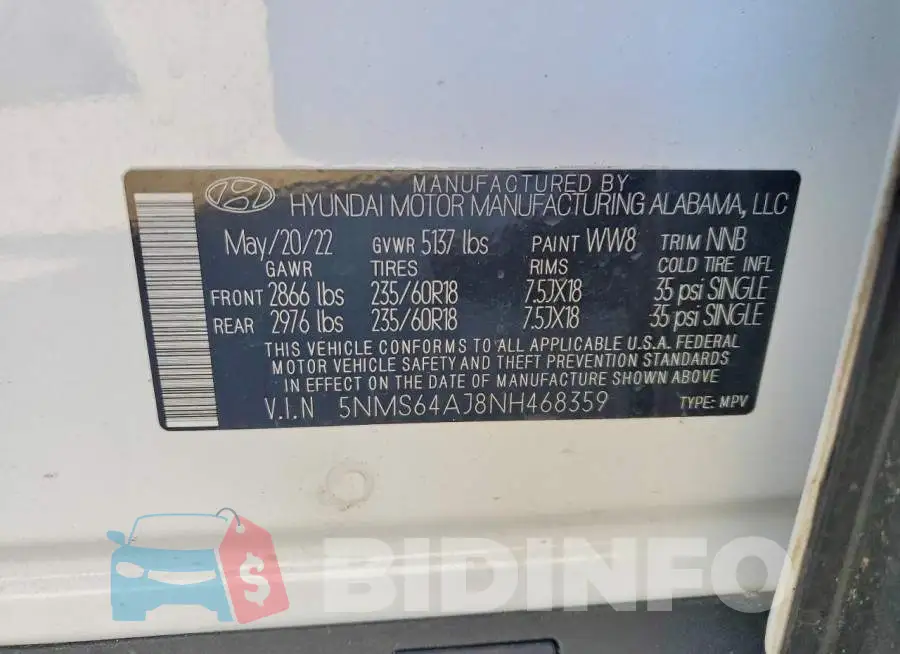 5NMS64AJ8NH468359 Photo# 13