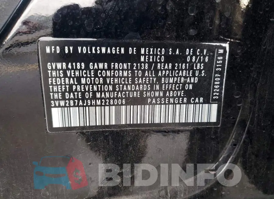3VW2B7AJ9HM228006 Photo# 13