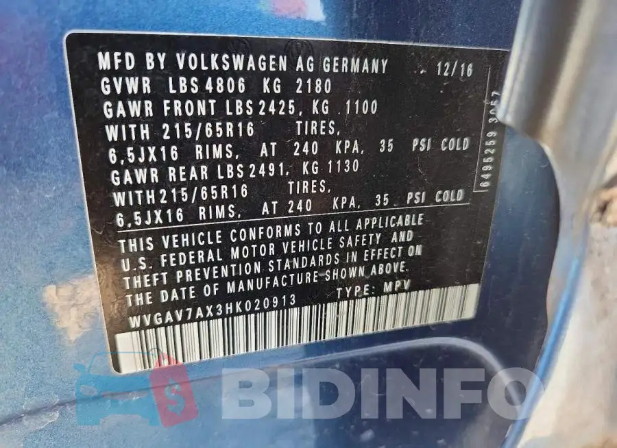 WVGAV7AX3HK020913 Photo# 13