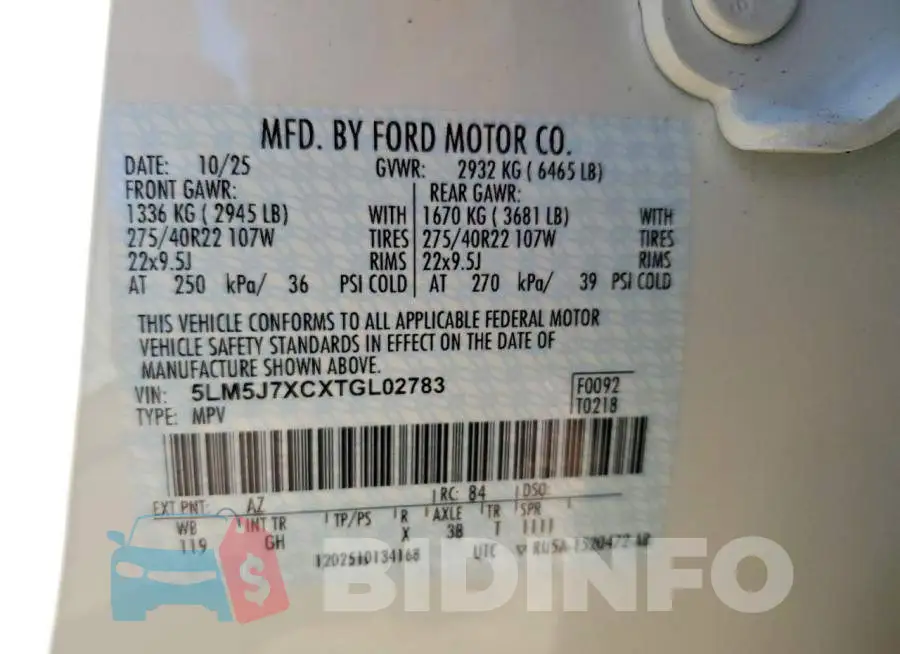 5LM5J7XCXTGL02783 Photo# 12