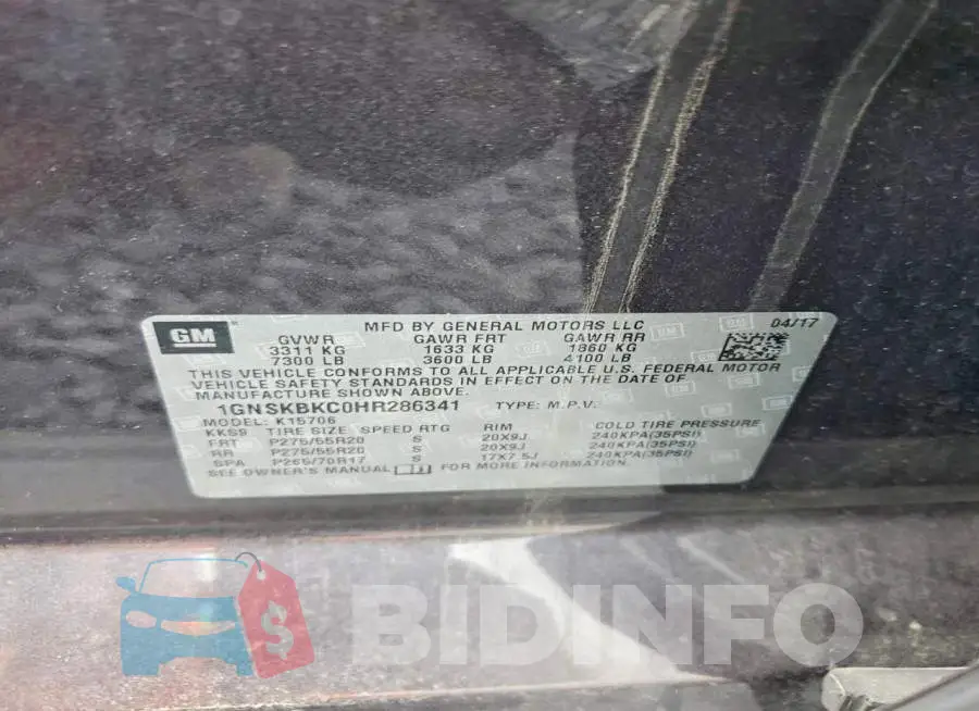 1GNSKBKC0HR286341 Photo# 13