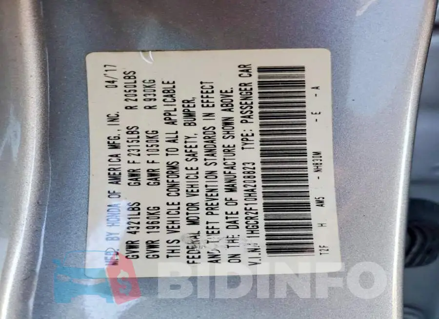 1HGCR2F10HA208823 Photo# 12