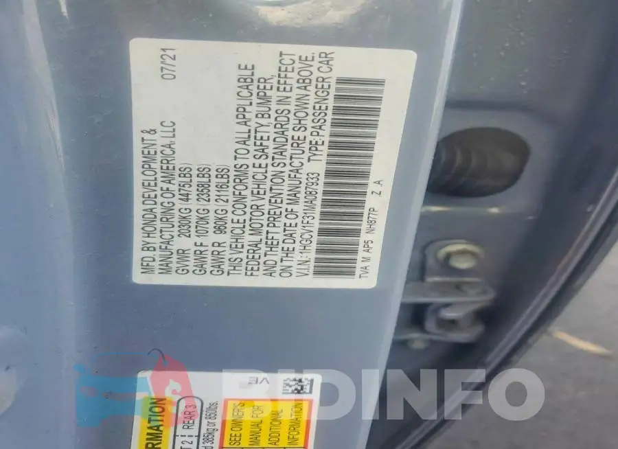 1HGCV1F31MA087933 Photo# 12