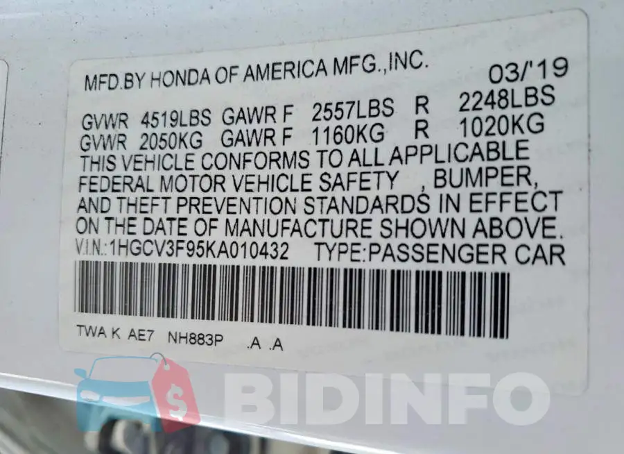 1HGCV3F95KA010432 Photo# 12