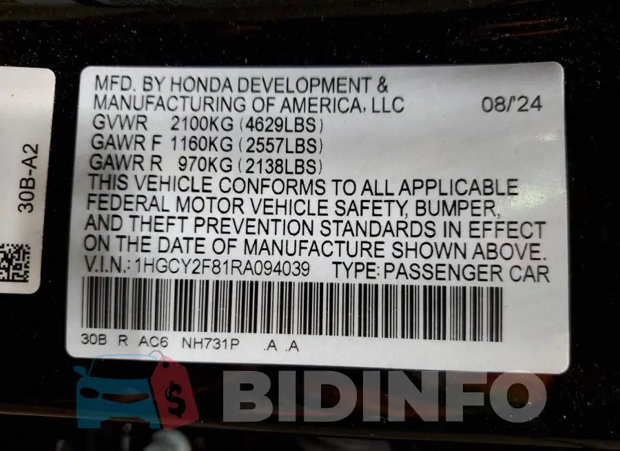 1HGCY2F81RA094039 Photo# 12