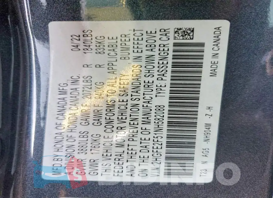2HGFE2F51NH582088 Photo# 12