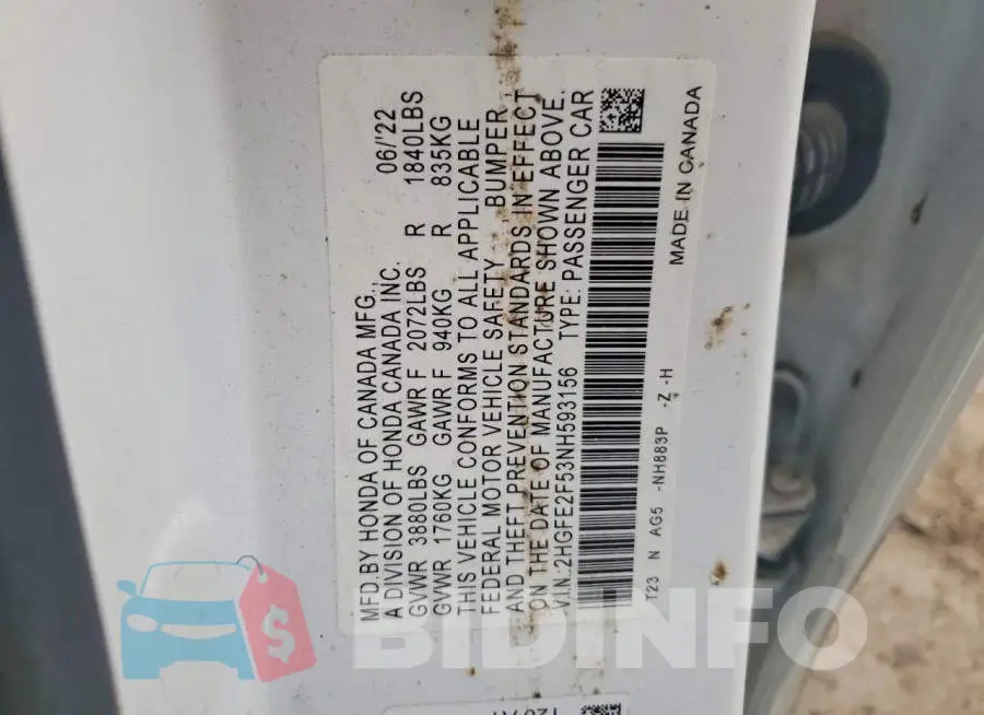 2HGFE2F53NH593156 Photo# 12