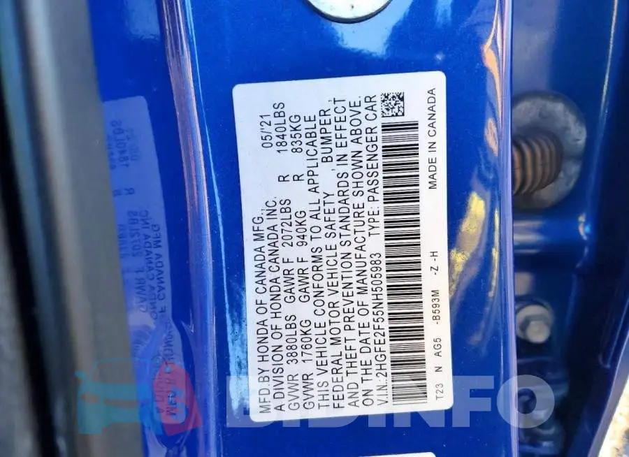 2HGFE2F55NH505983 Photo# 12
