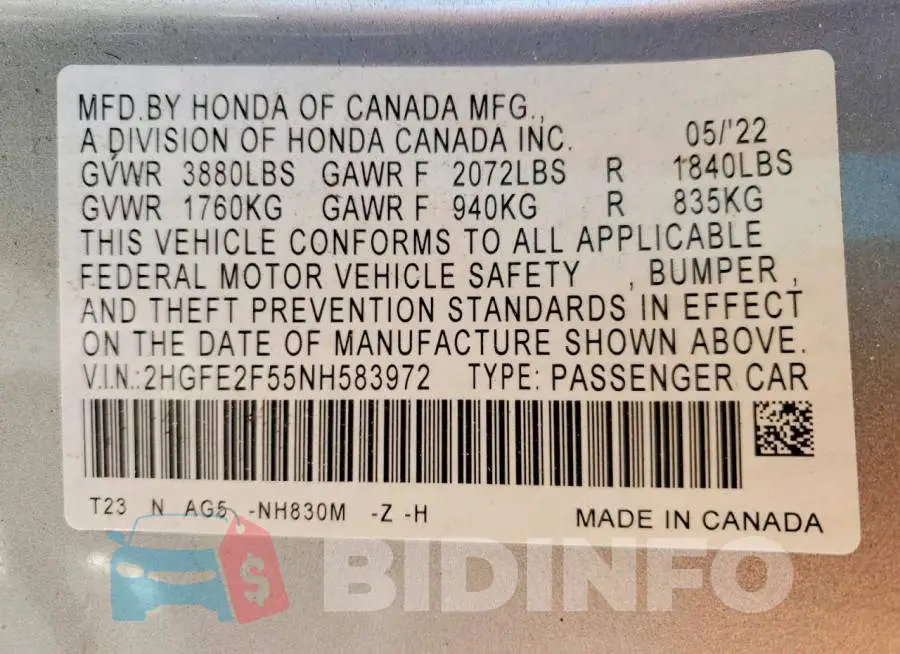 2HGFE2F55NH583972 Photo# 12