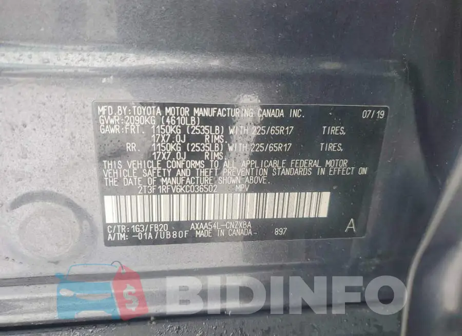 2T3F1RFV6KC036502 Photo# 13