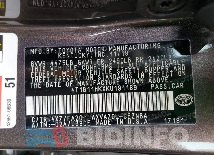 4T1B11HKXKU191189 Photo# 12