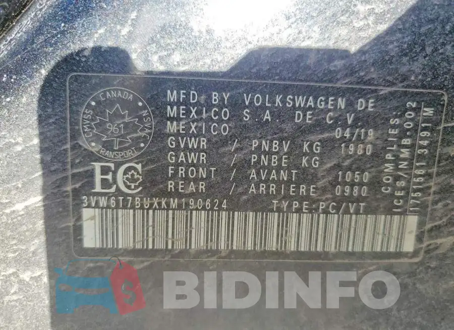 3VW6T7BUXKM190624 Photo# 13