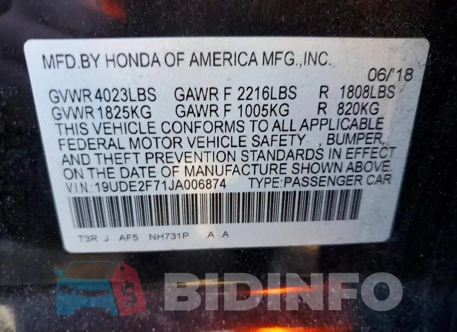 19UDE2F71JA006874 Photo# 12