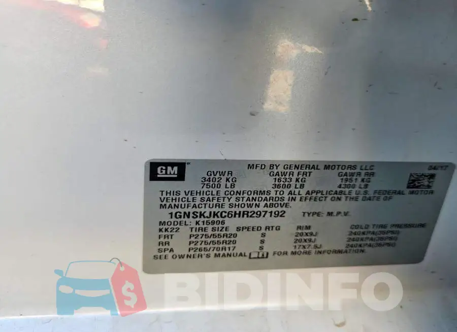 1GNSKJKC6HR297192 Photo# 14