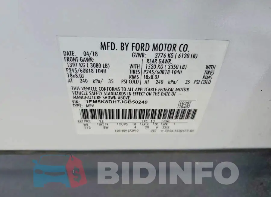 1FM5K8DH7JGB50240 Photo# 14