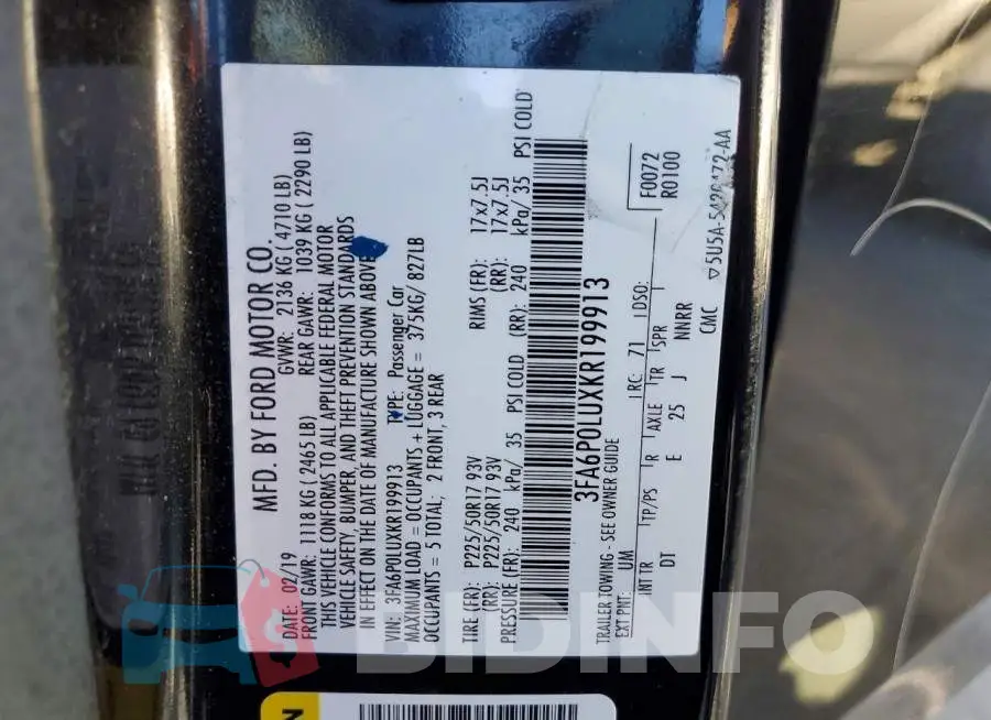 3FA6P0LUXKR199913 Photo# 12