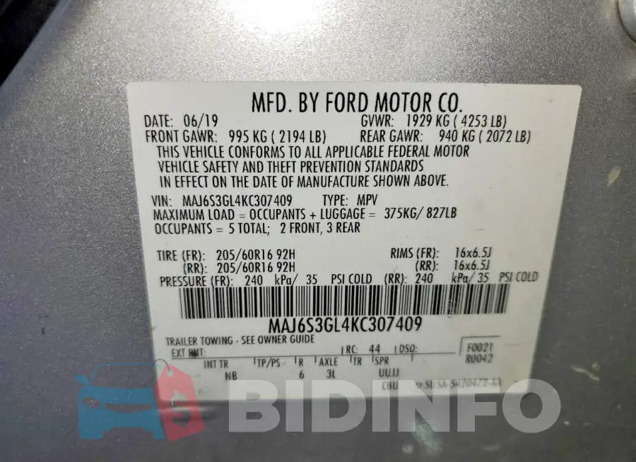 MAJ6S3GL4KC307409 Photo# 13