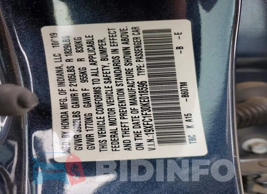 19XFC1F30KE018596 Photo# 13
