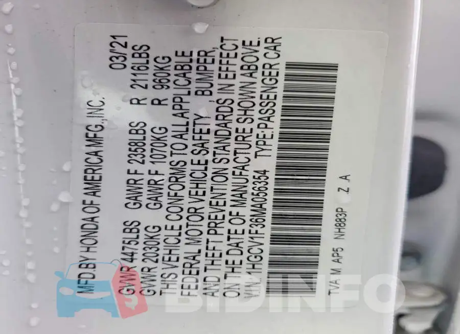 1HGCV1F36MA056354 Photo# 13