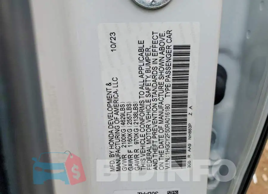 1HGCY2F50RA016180 Photo# 12