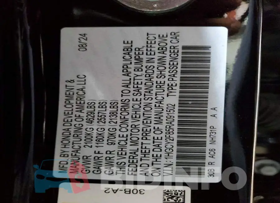 1HGCY2F85RA091502 Photo# 12