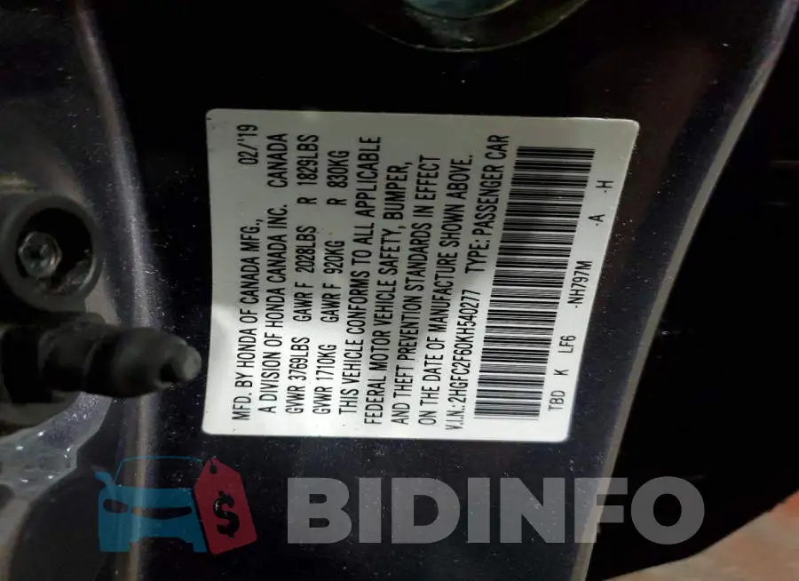 2HGFC2F60KH540277 Photo# 13